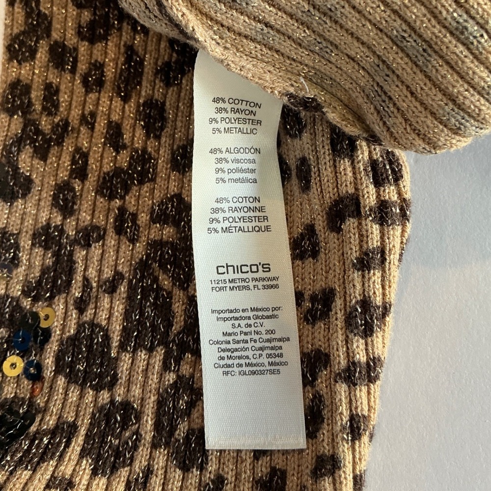 Chico's 3 Leopard Cheetah Animal Metallic Sweater Top Sequins Bling Shimmer XL - Picture 11 of 13